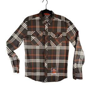 Red Bull, KTM Factory Racing, Mens Button Up Plaid Flannel Gray Orange, Size: S